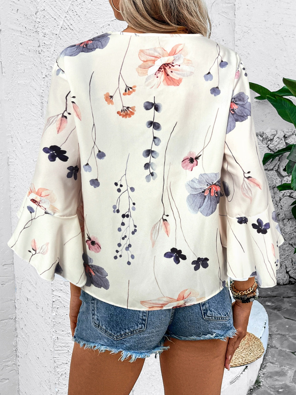 Ruffled Printed V-Neck Half Sleeve Blouse