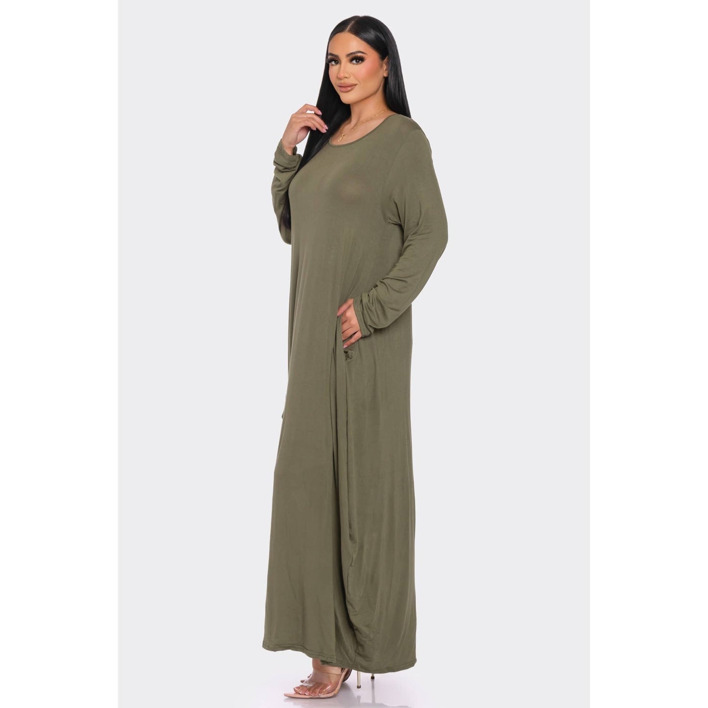 Solid Maxi Long Sleeve Tunic Dress with Pockets