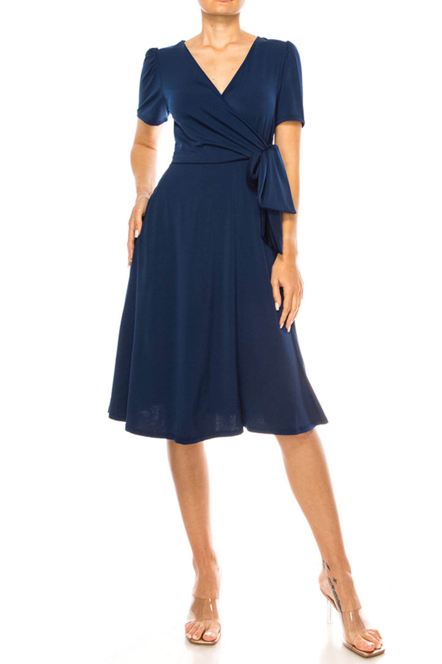 Stylish Solid Faux Wrap Dress with Deep V-Neck