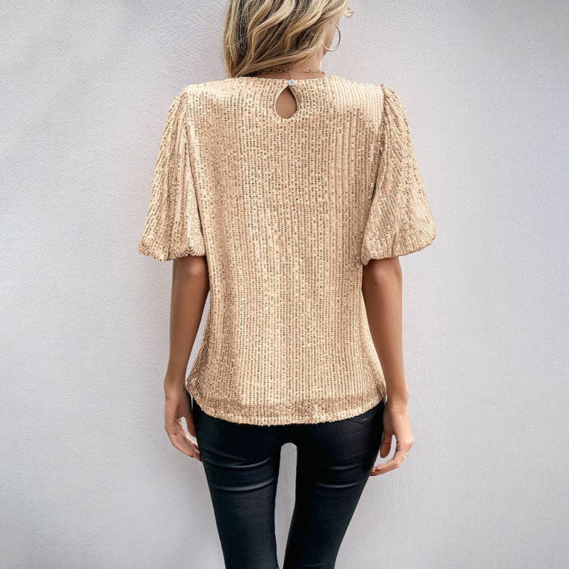Retro Bubble Sleeve Round Neck Solid Color Sequin T-Shirt Women