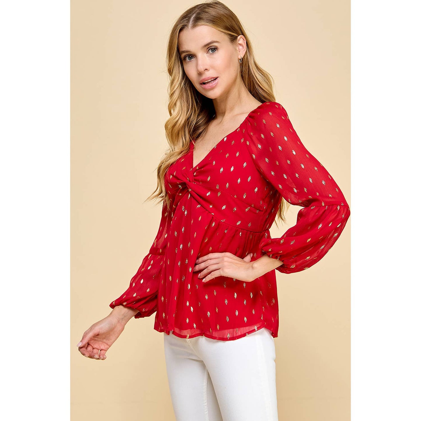 FOIL DOT CHIFFON LONG SLEEVE TWIST BODICE TOP T8262110F