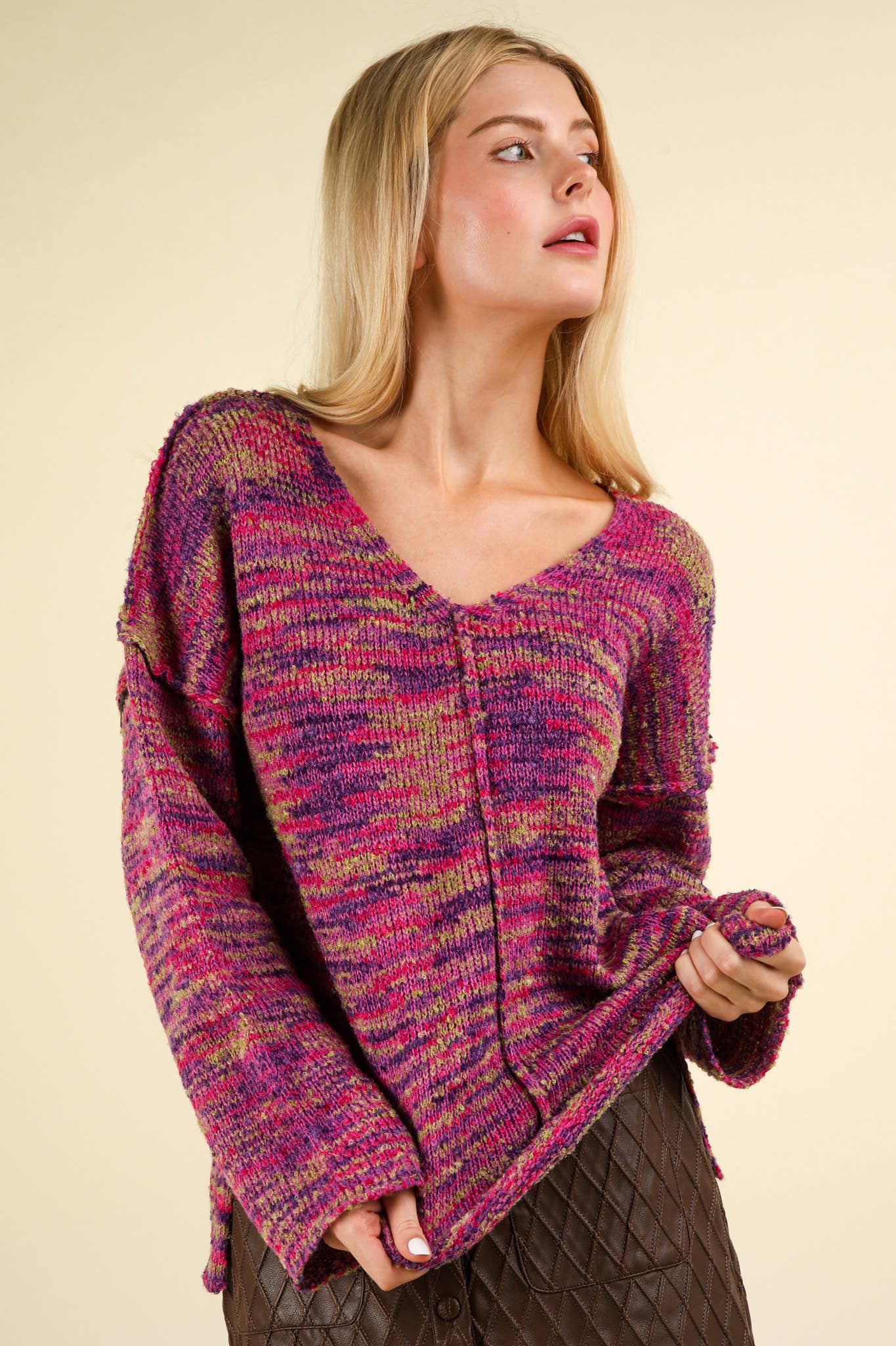 12W3270N-Oversized Casual Multi Color Knit Sweater Top