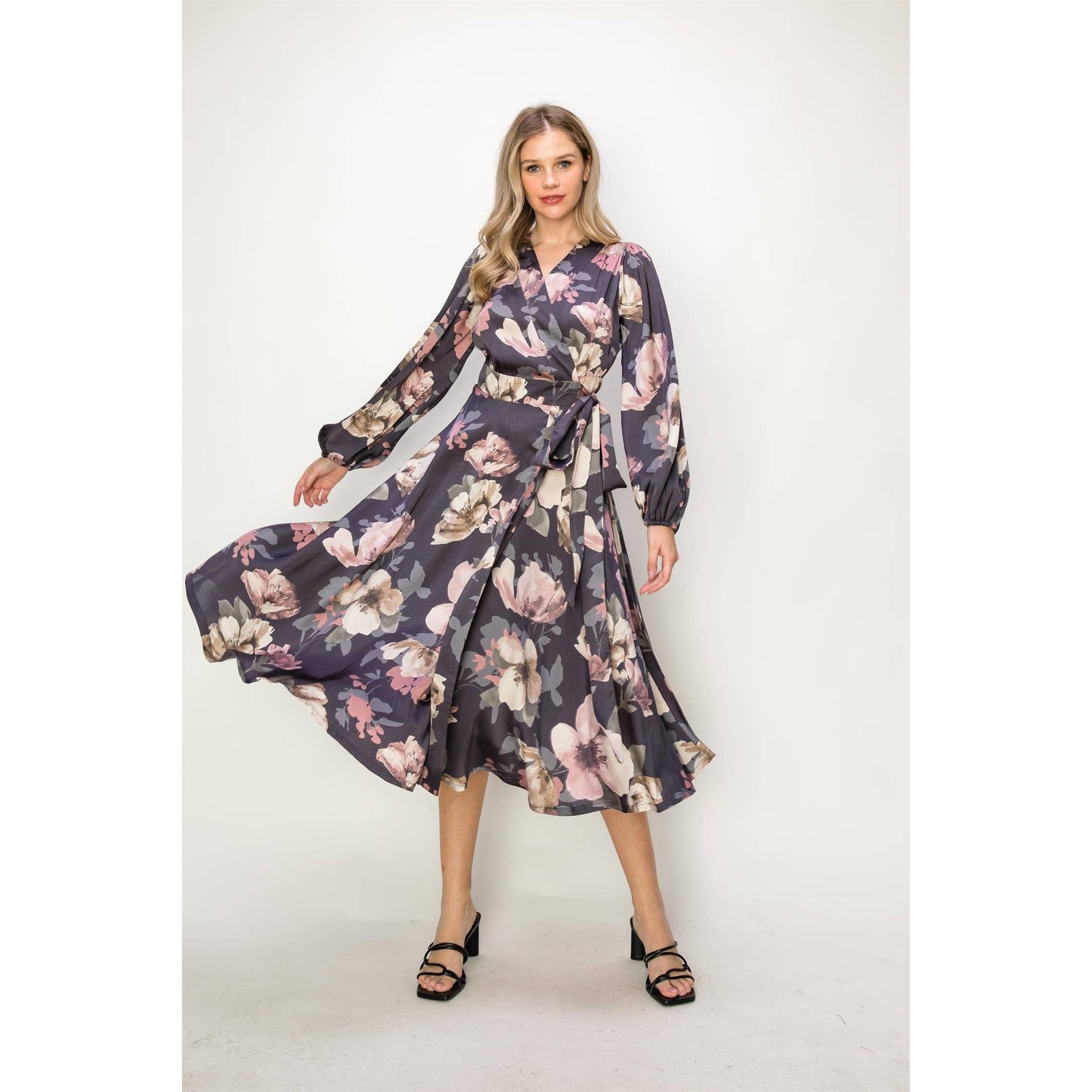 SATIN FLORAL LONG SLEEVE V-NECK WRAP MAXI DRESS