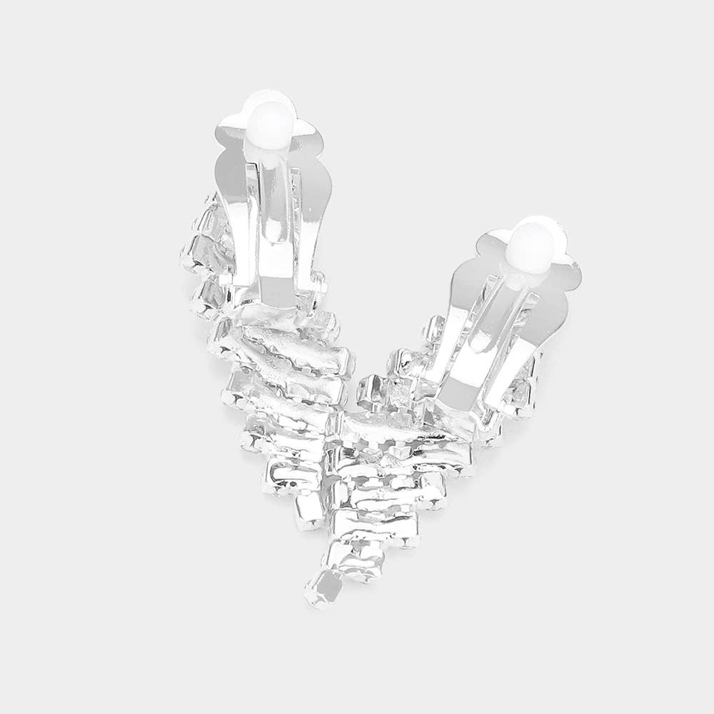 Rhinestone Paved V Shaped Necklace Clip on Earring Set