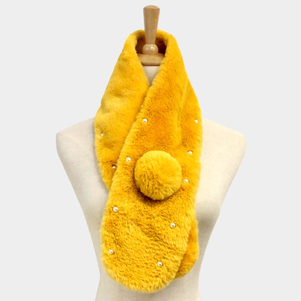 Pearl Embellished Faux Fur Pom Pom Pull Through Scarf