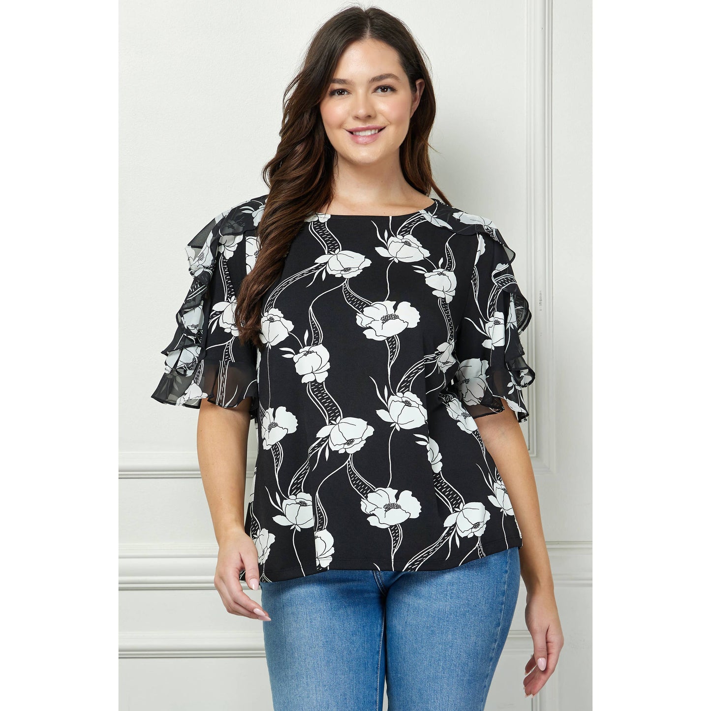 PLUS SIZE BOATNECK TOP WITH RUFFLE SLEEVES