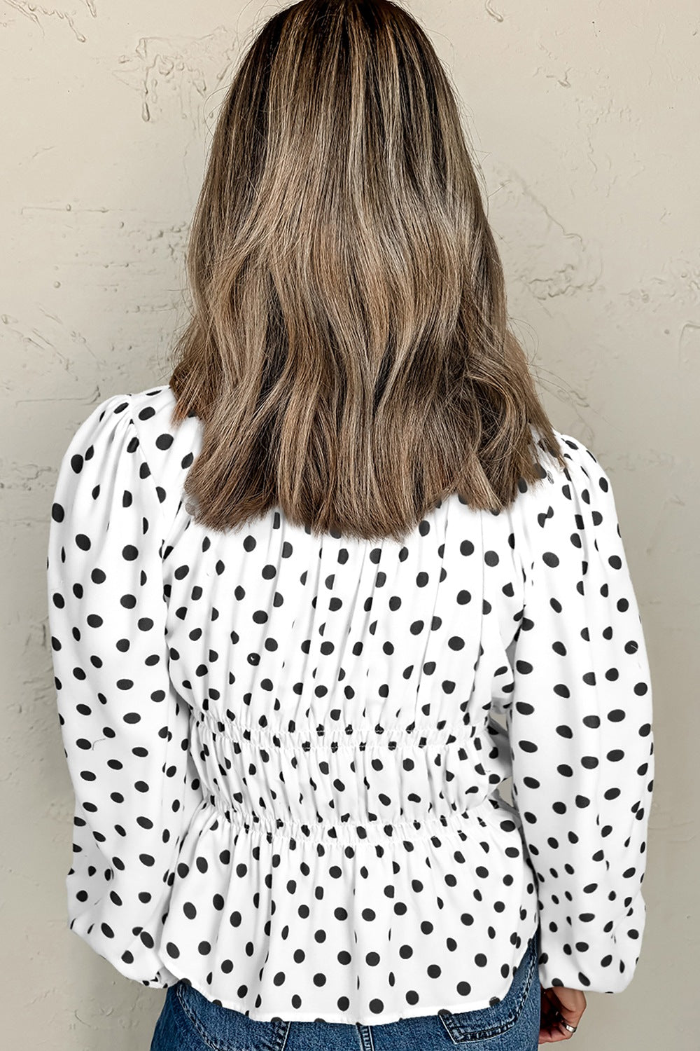 Bow Polka Dot Square Neck Long Sleeve Blouse