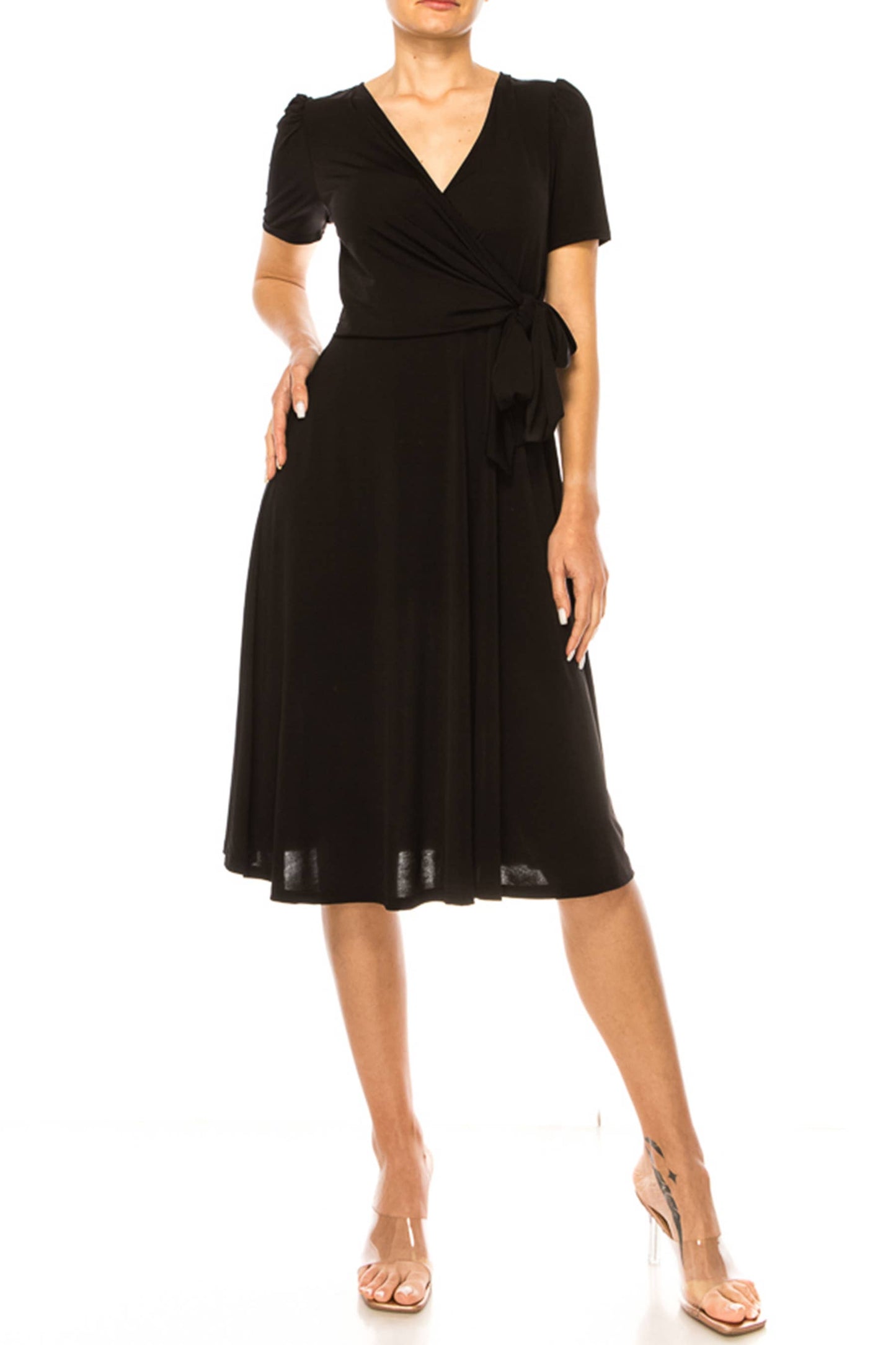 Stylish Solid Faux Wrap Dress with Deep V-Neck