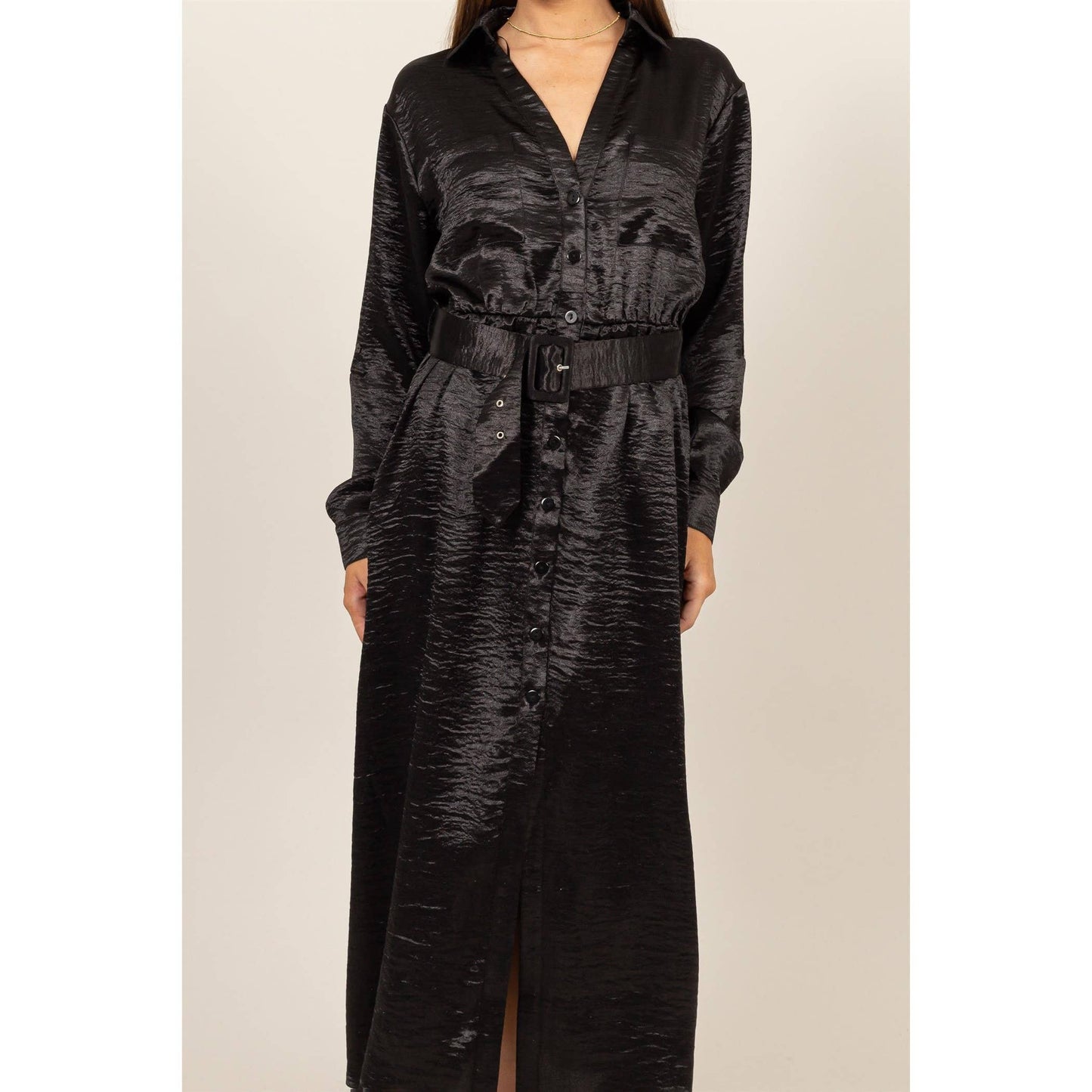 HF24C828-SATIN SHIRT DRESS WITH BELT