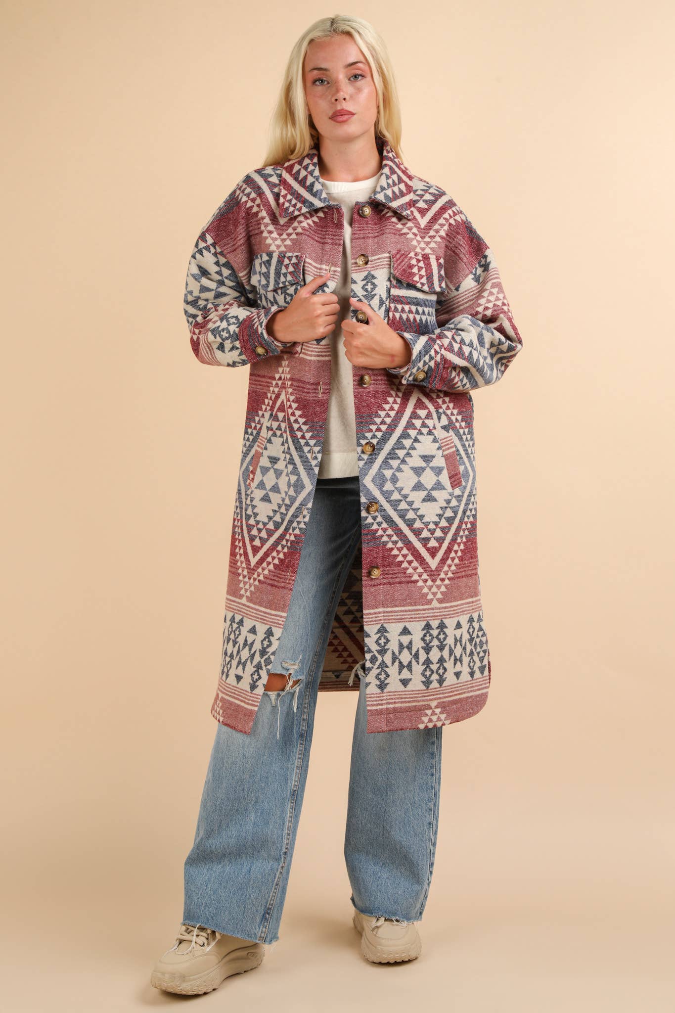 NJ90325-Aztec & Plaid Printed Shacket Jacket Coat