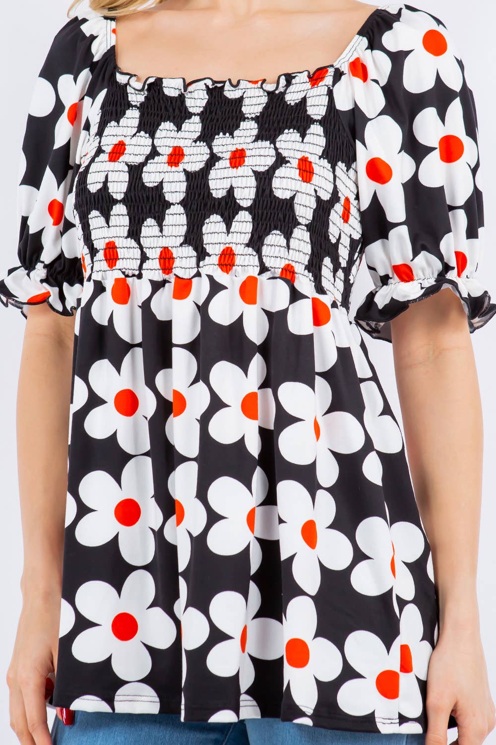 FLORAL PRINT SMOCKED TOP WITH PUFF SLEEVE -CT43822A