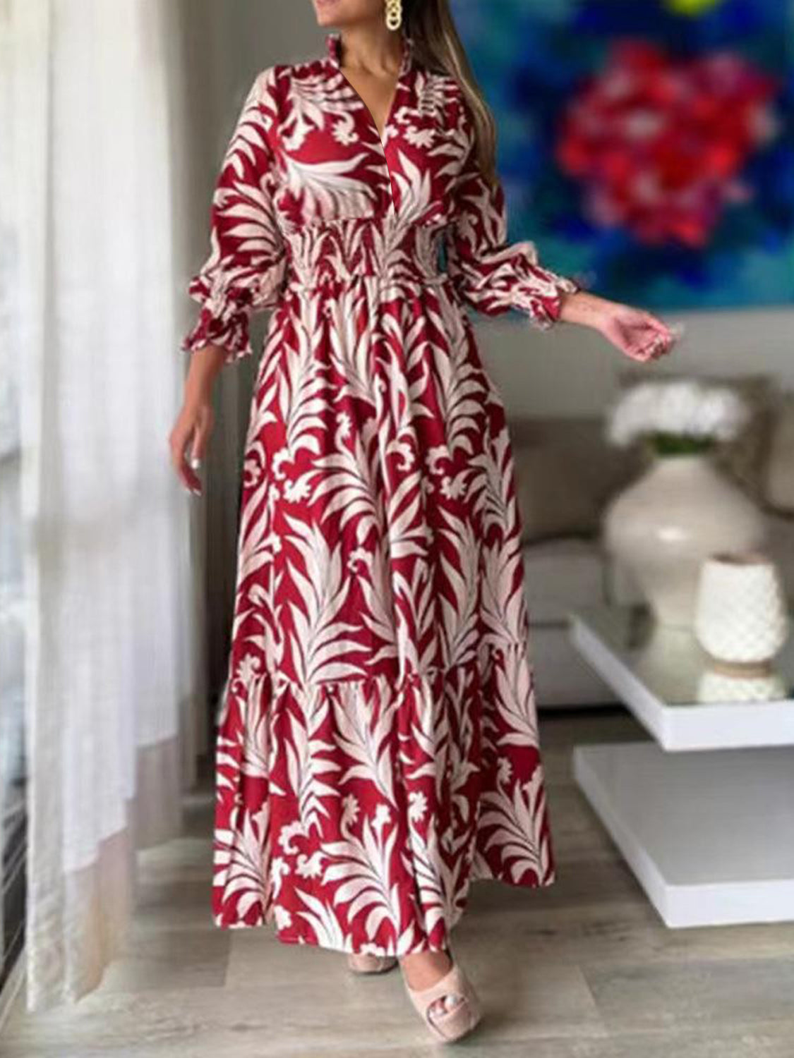 flounce sleeve maxi dress Floral Print Flounce Sleeve Mermaid Maxi Dress Black / XL by Blue Zone Planet