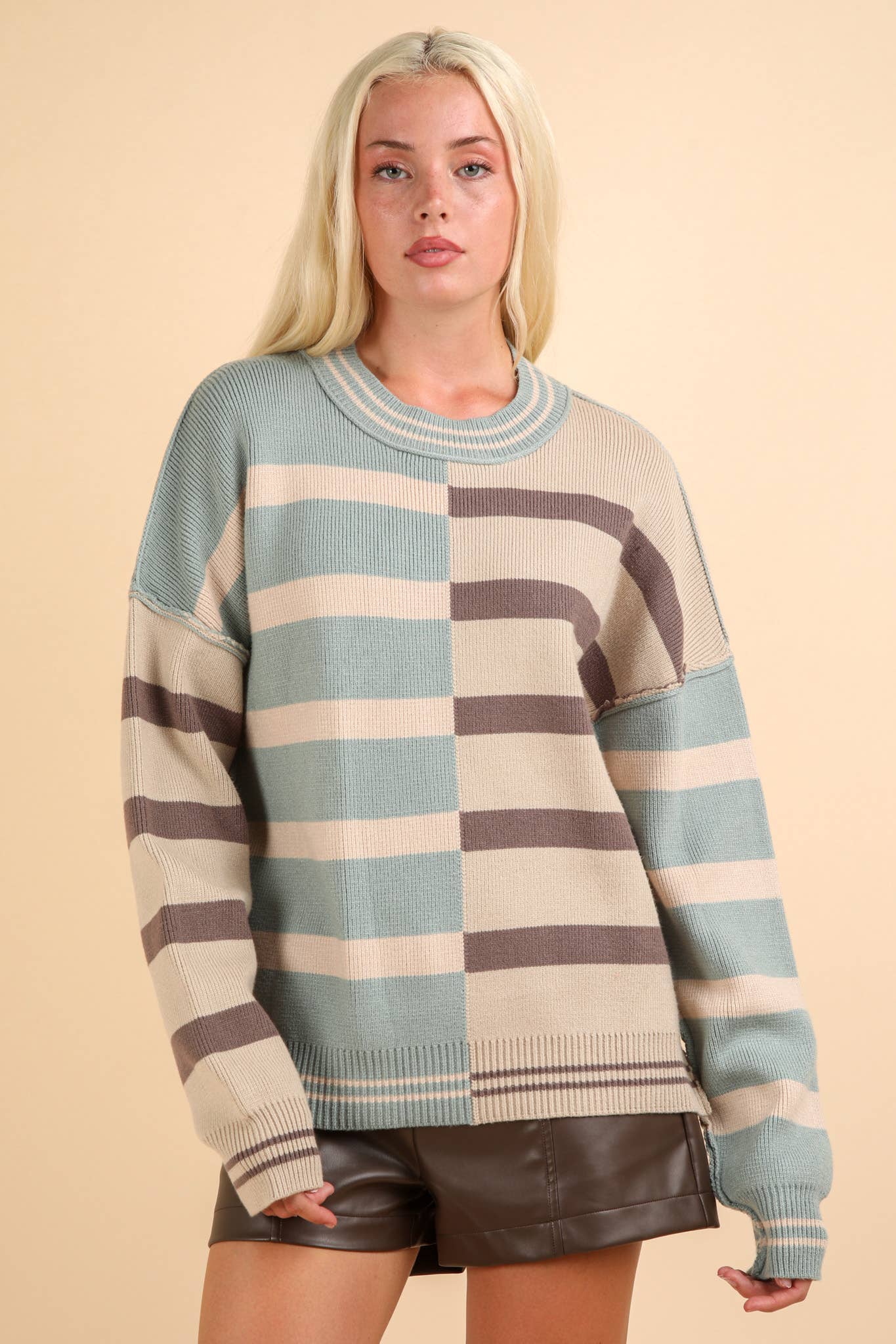 12W3185N-Color Block Oversized Striped Knit Sweater Top