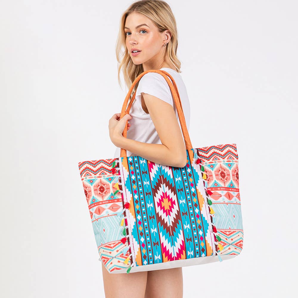 Boho Print Fringe Tote Bag