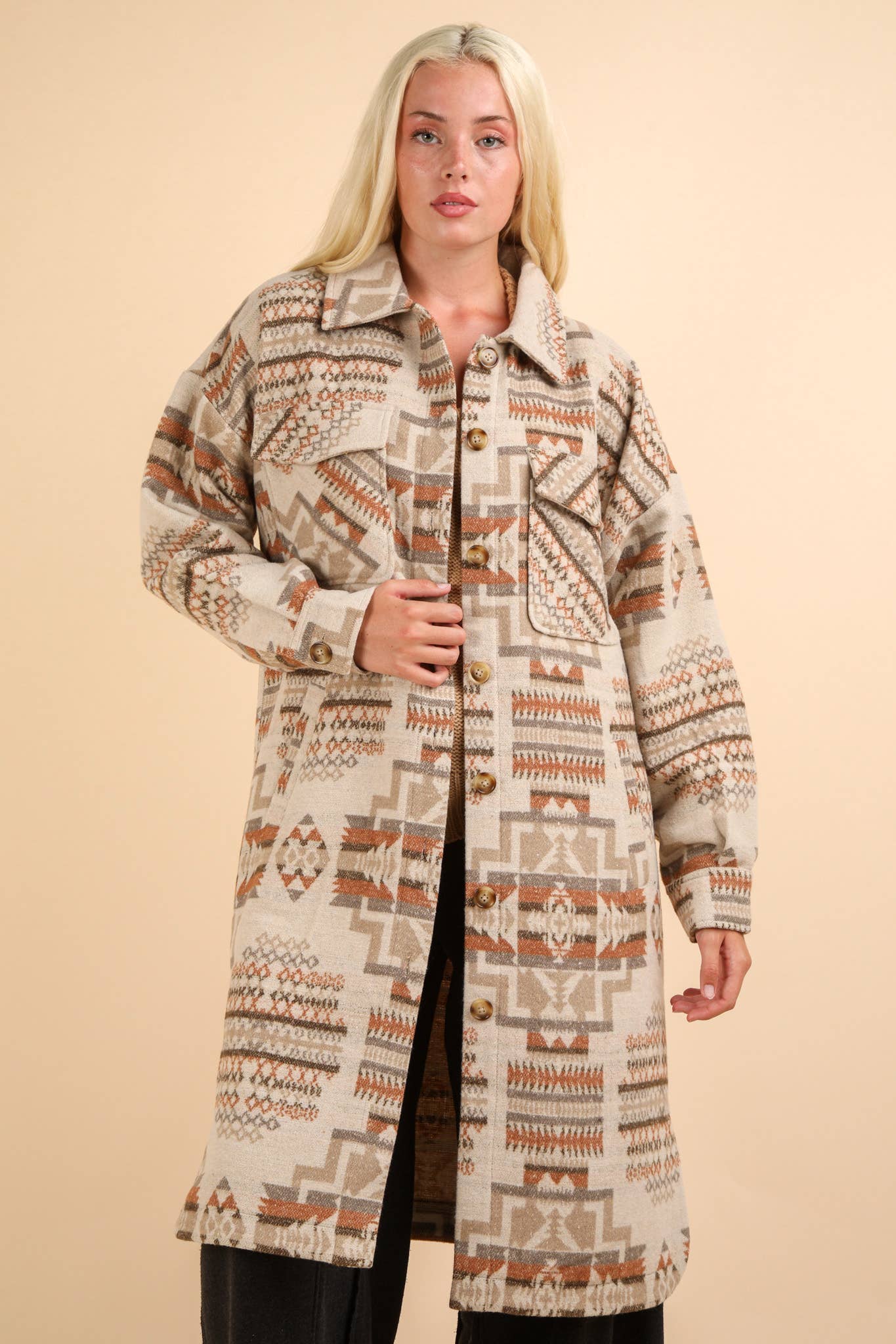 NJ90325-Aztec & Plaid Printed Shacket Jacket Coat