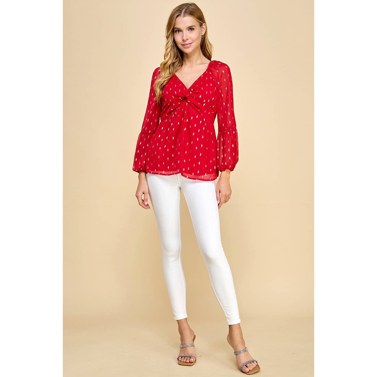 FOIL DOT CHIFFON LONG SLEEVE TWIST BODICE TOP T8262110F