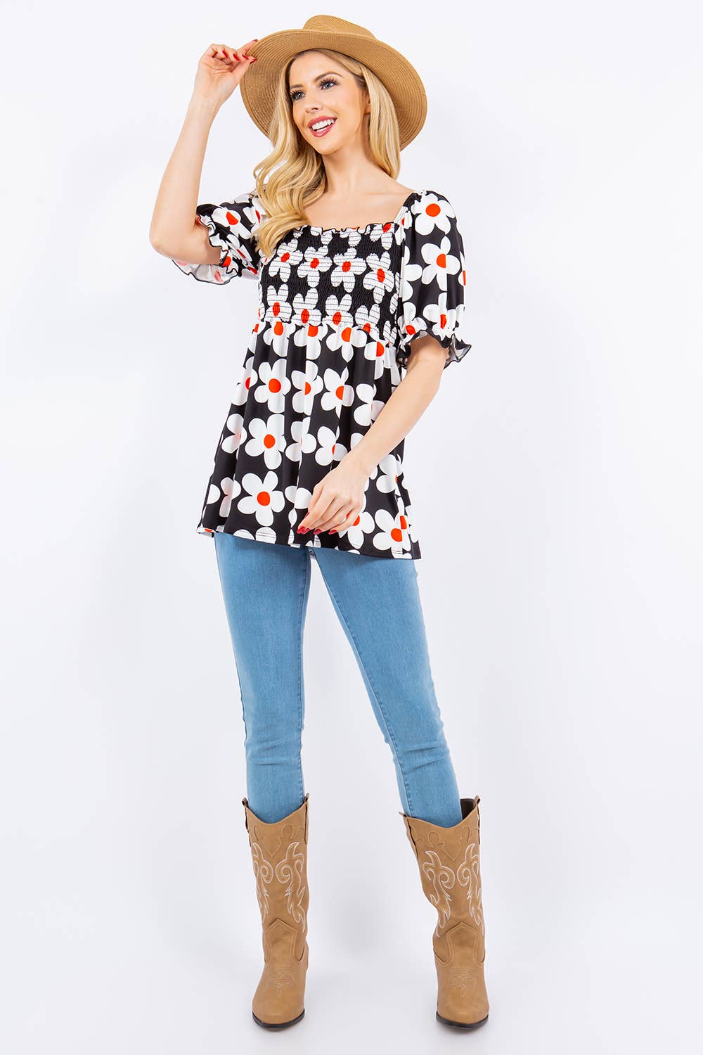 FLORAL PRINT SMOCKED TOP WITH PUFF SLEEVE -CT43822A
