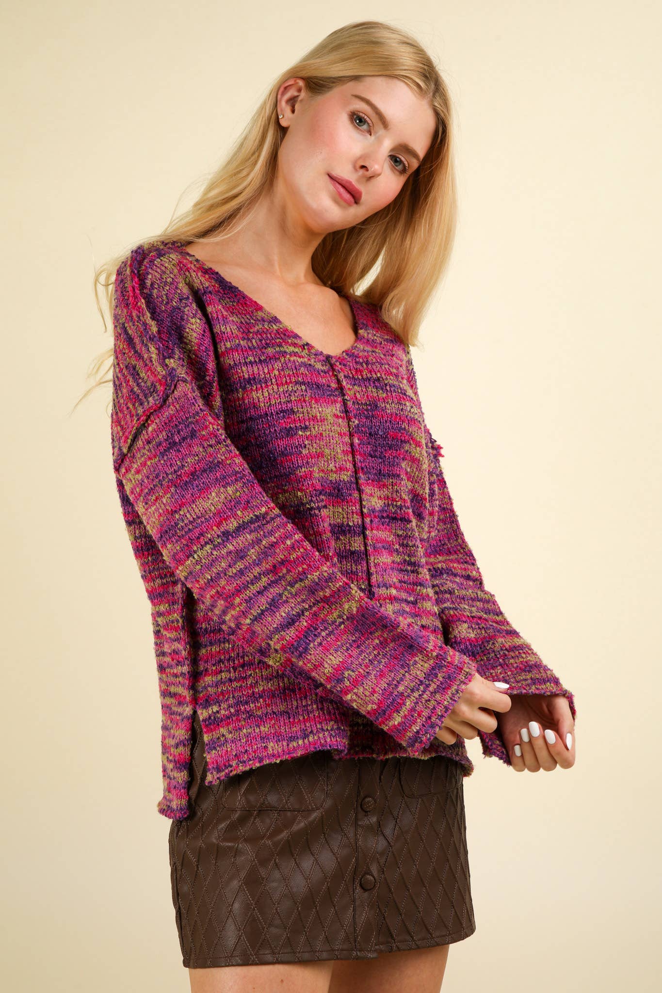 12W3270N-Oversized Casual Multi Color Knit Sweater Top