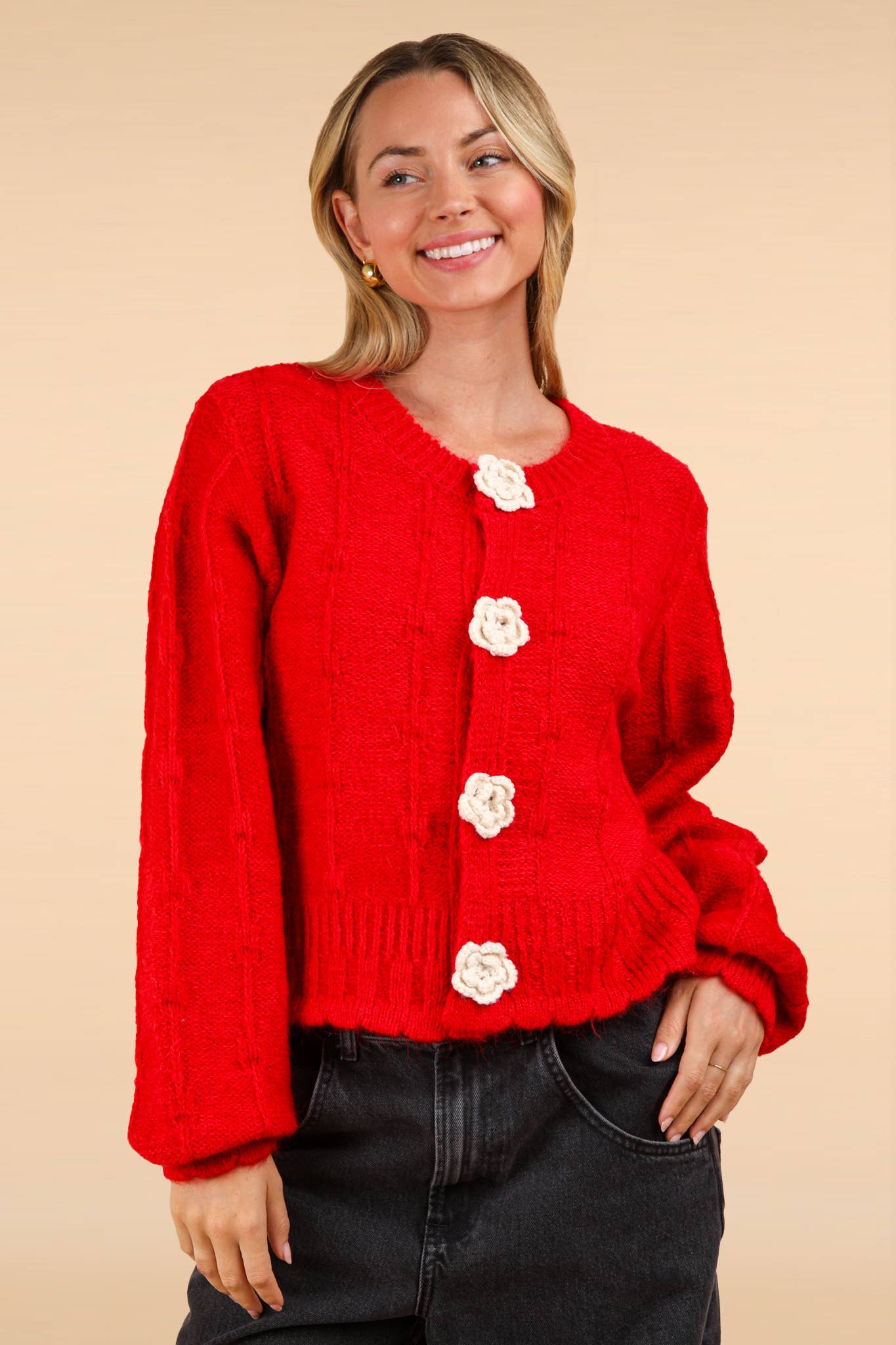 12W3115N-Floral Button Crop Length Knit Sweater Cardigan