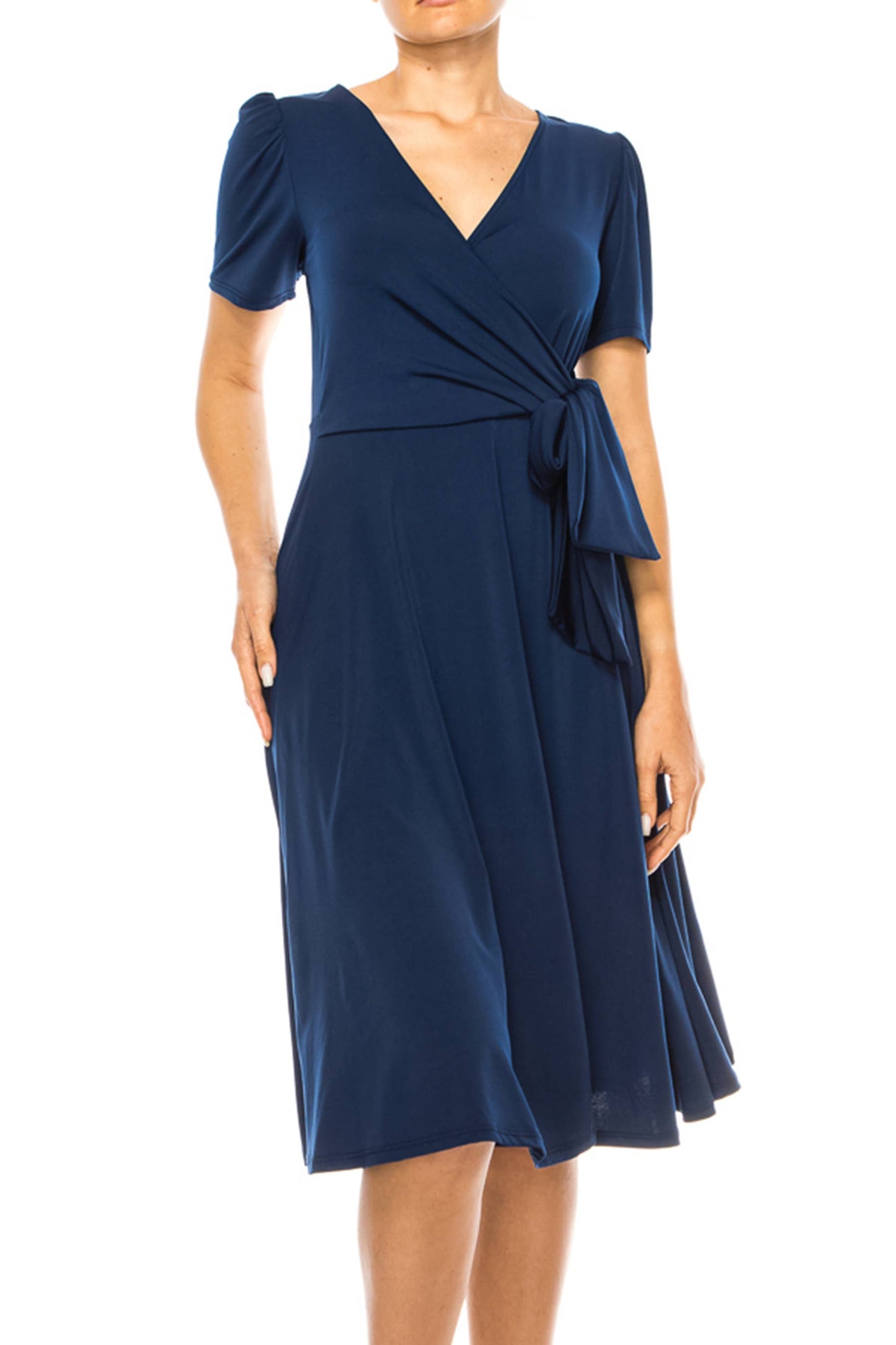 Stylish Solid Faux Wrap Dress with Deep V-Neck