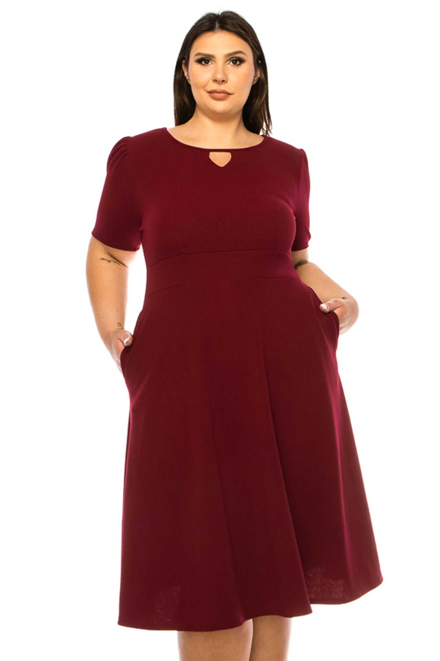 Women's Plus Size Dress with Puff Sleeves and Keyhole Front