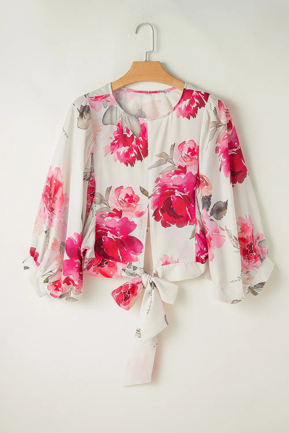 Tied Floral Round Neck Three-Quarter Sleeve Blouse