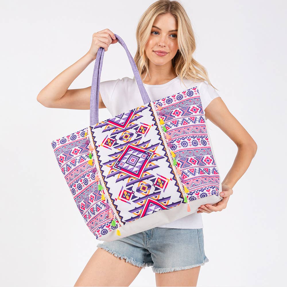 Boho Print Fringe Tote Bag