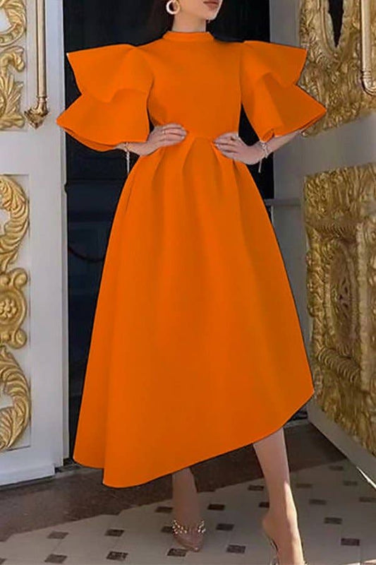 DOUBLE LOTUS SLEEVES SOLID COLOR SWING DRESS