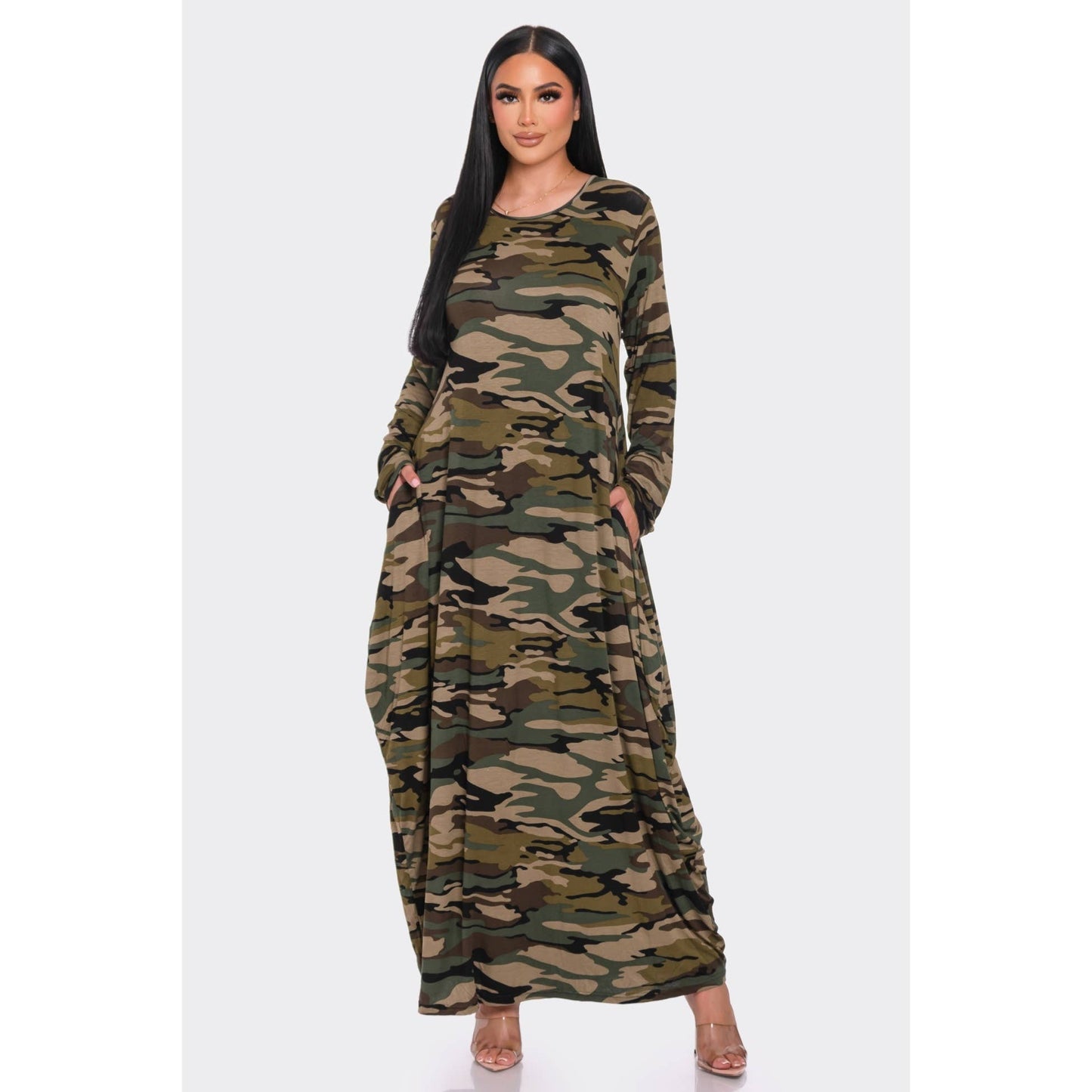Solid Maxi Long Sleeve Tunic Dress with Pockets