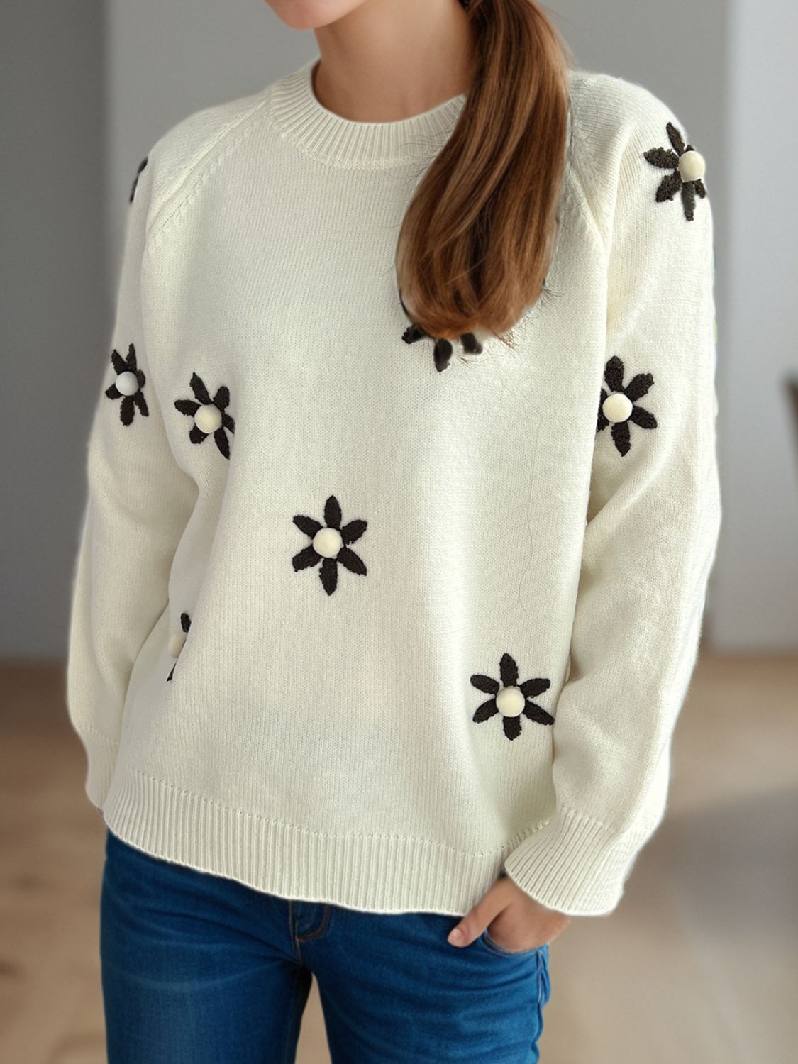 Flower Round Neck Raglan Sleeve Sweater