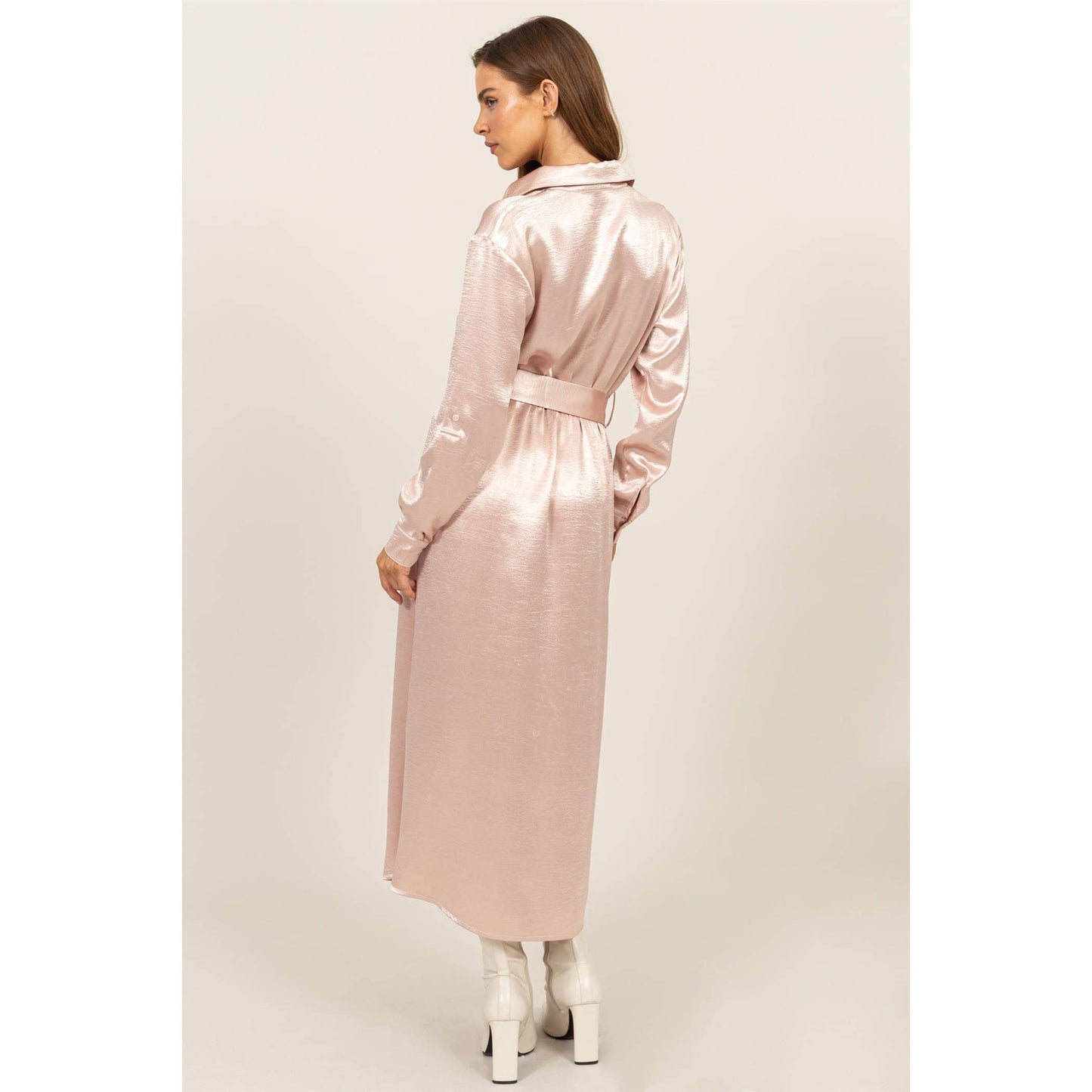 HF24C828-SATIN SHIRT DRESS WITH BELT