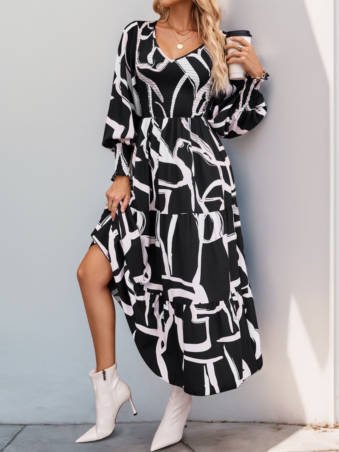 Smocked Printed Long Sleeve Midi Dress