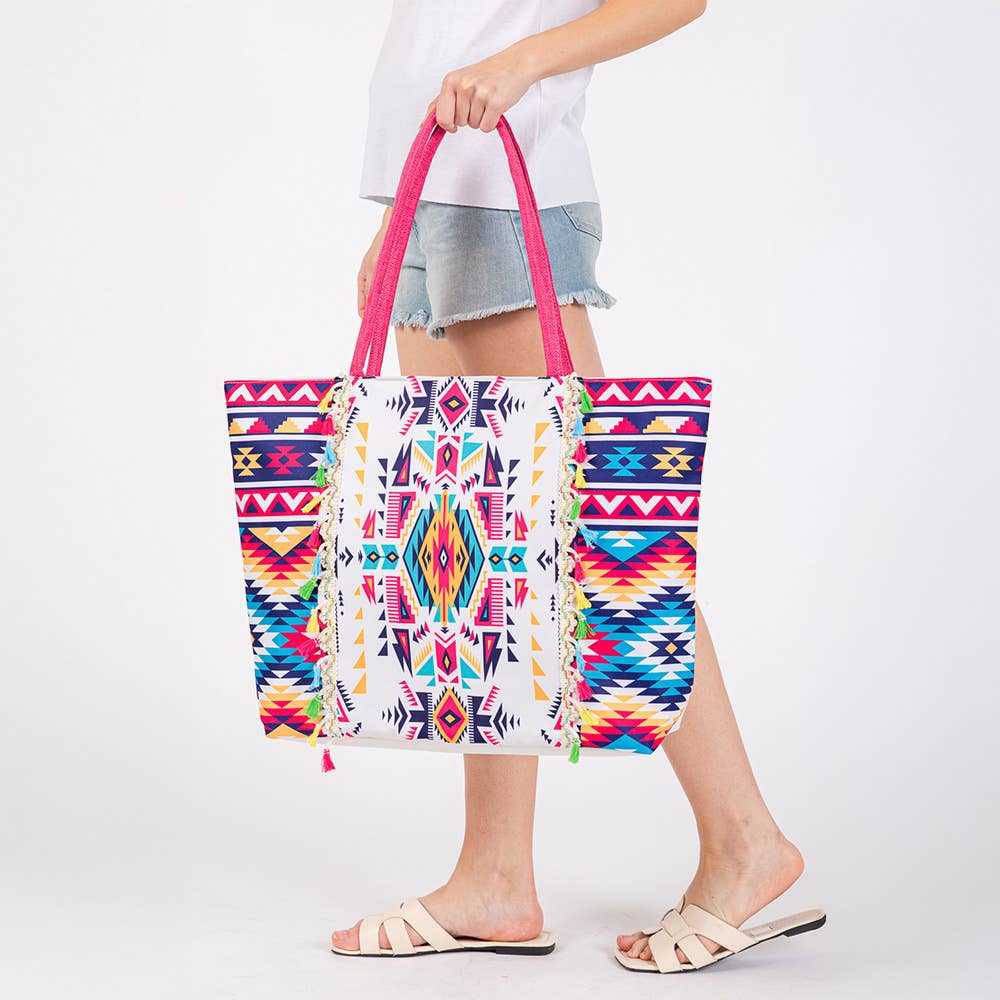 Boho Print Fringe Tote Bag