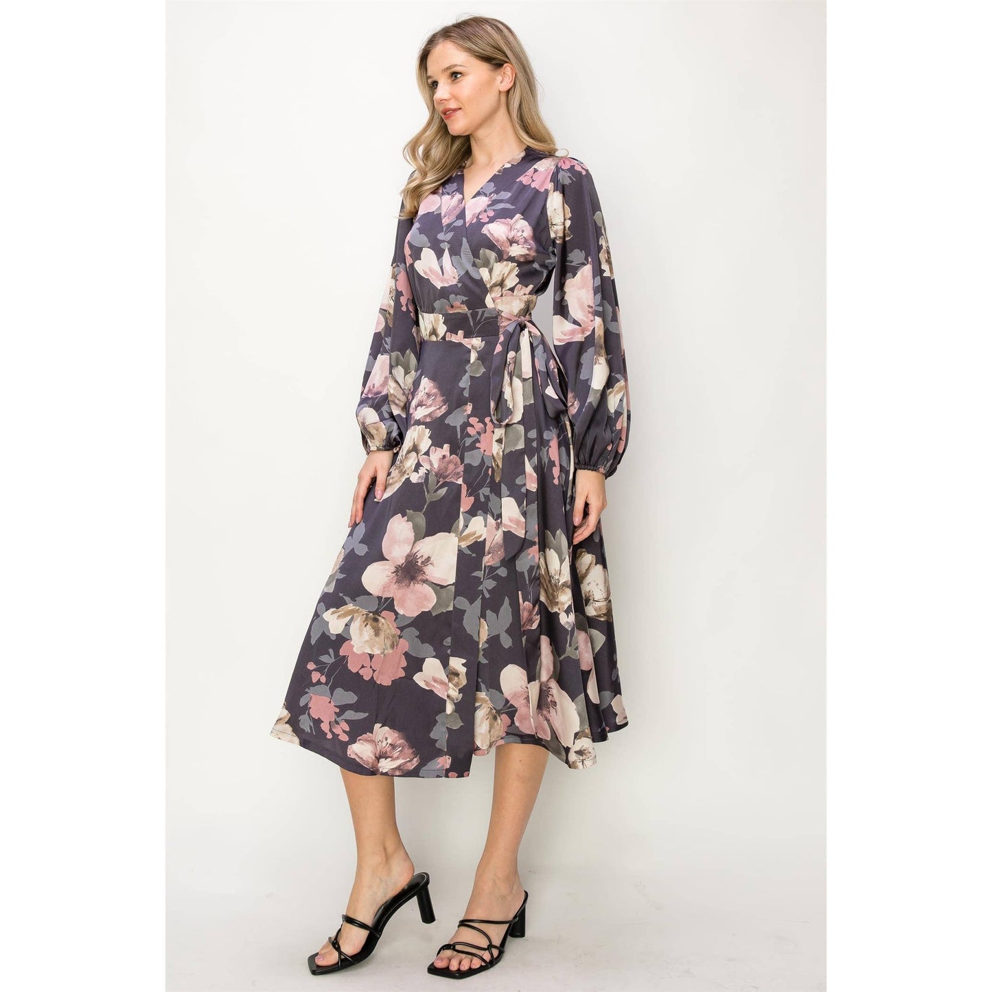 SATIN FLORAL LONG SLEEVE V-NECK WRAP MAXI DRESS