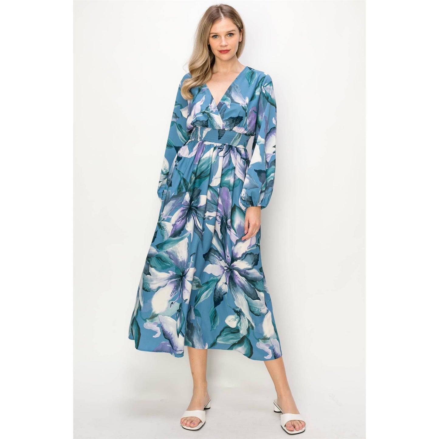 OL24A140-LONG SLEEVE STRETCH WAIST MAXI DRESS