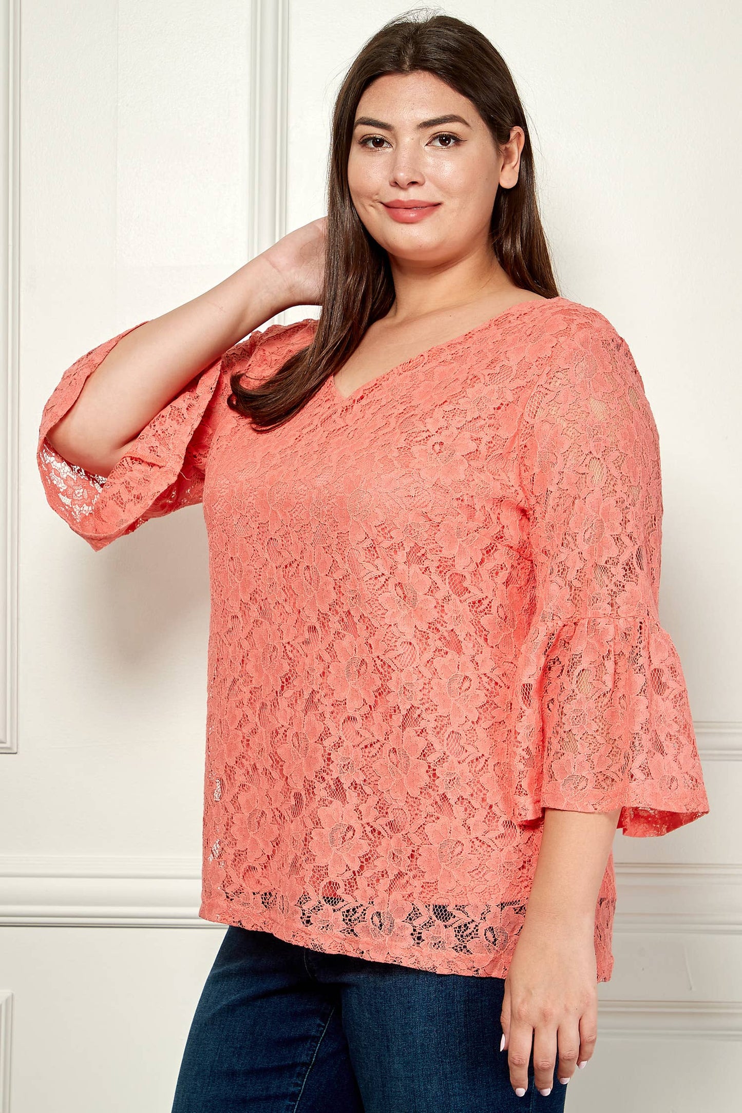 PLUS SIZE V- NECK ELBOW SLEEVE LACE TOP G9018250PX