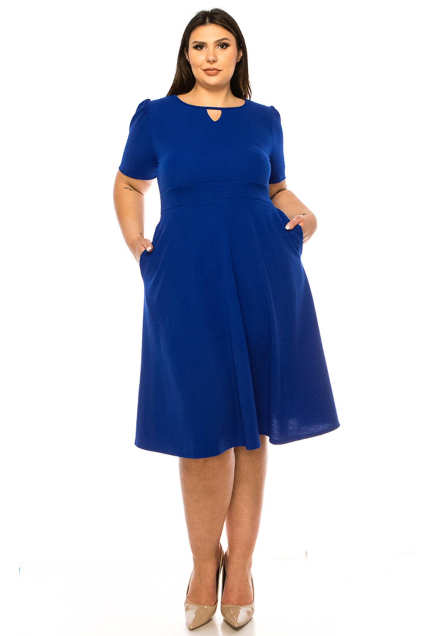 Women's Plus Size Dress with Puff Sleeves and Keyhole Front