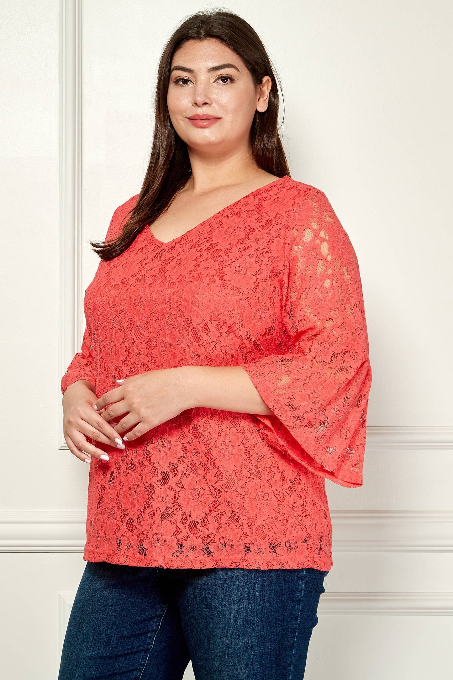 PLUS SIZE V- NECK ELBOW SLEEVE LACE TOP G9018250PX