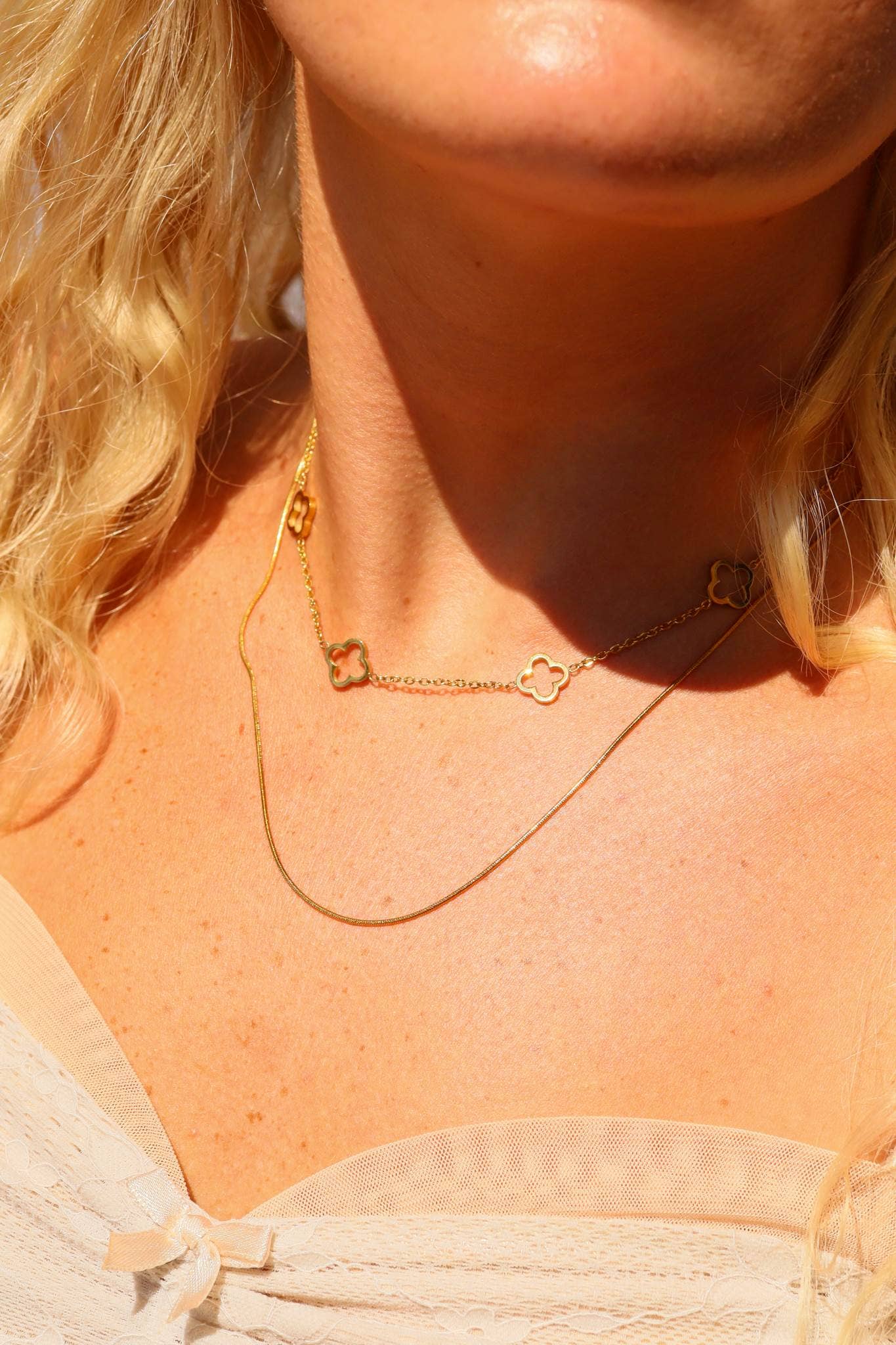18K Gold PVD Stainless Steel Layered Clover Charm Necklace