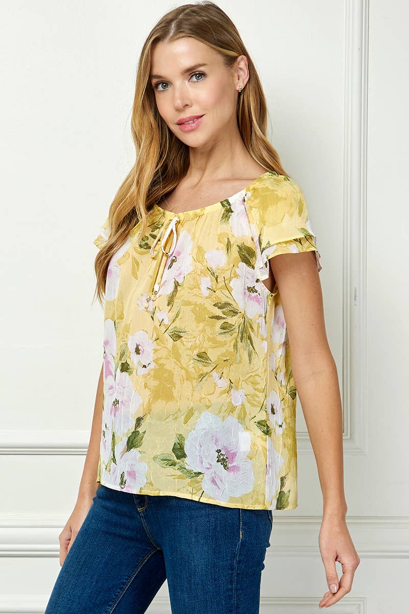 DOUBLE FLUTTER SLEEVE BEADED TIE NECK BLOUSE