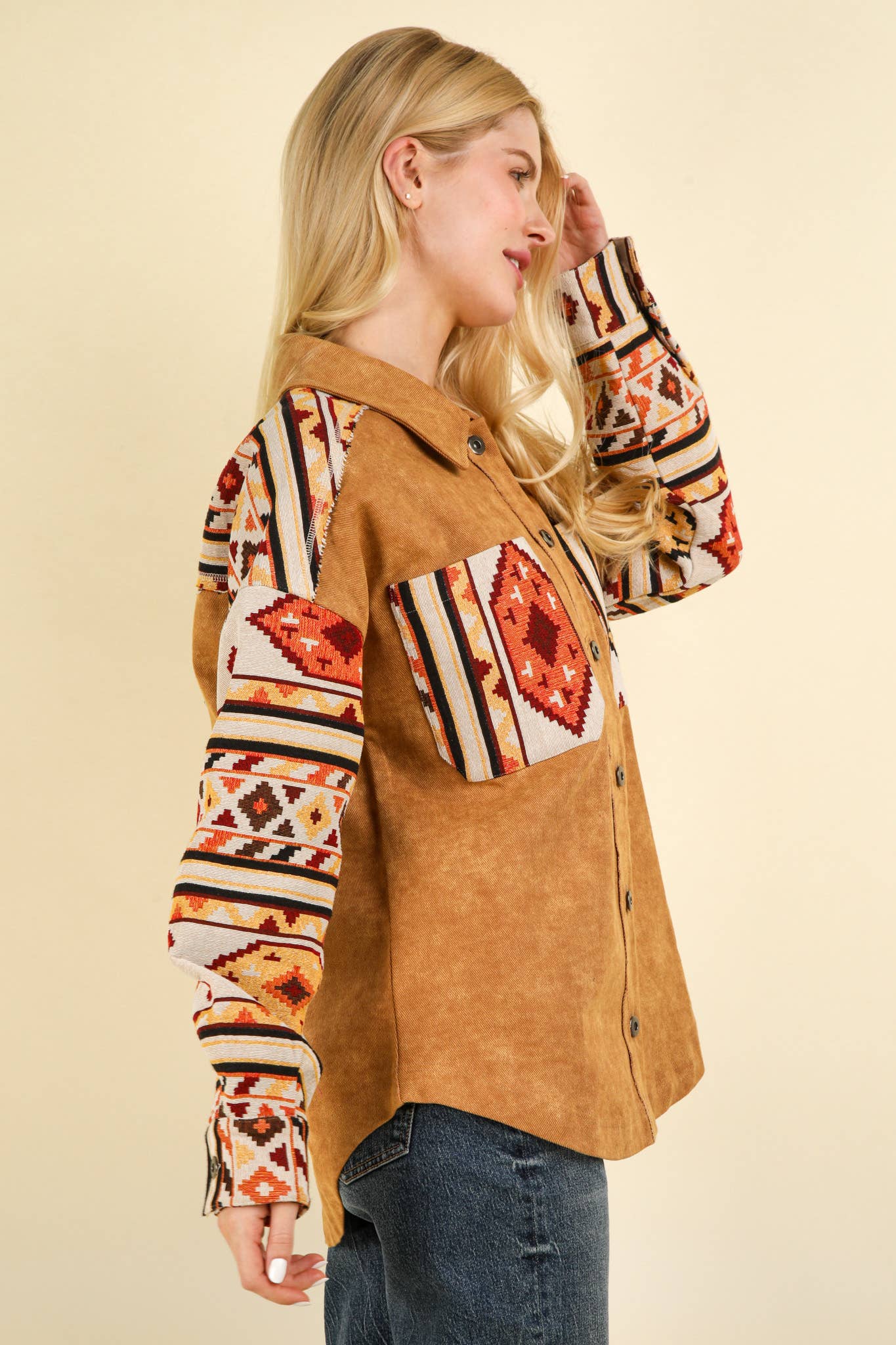 NJ90328-Aztec Graphic Oversized Button Down Shacket Jacket