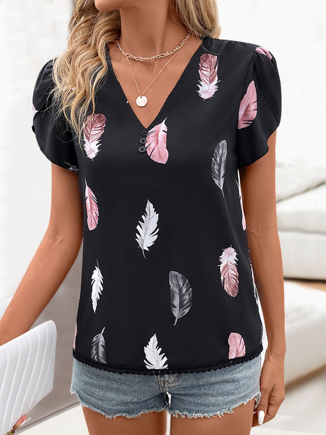 Printed V-Neck Short Sleeve Blouse