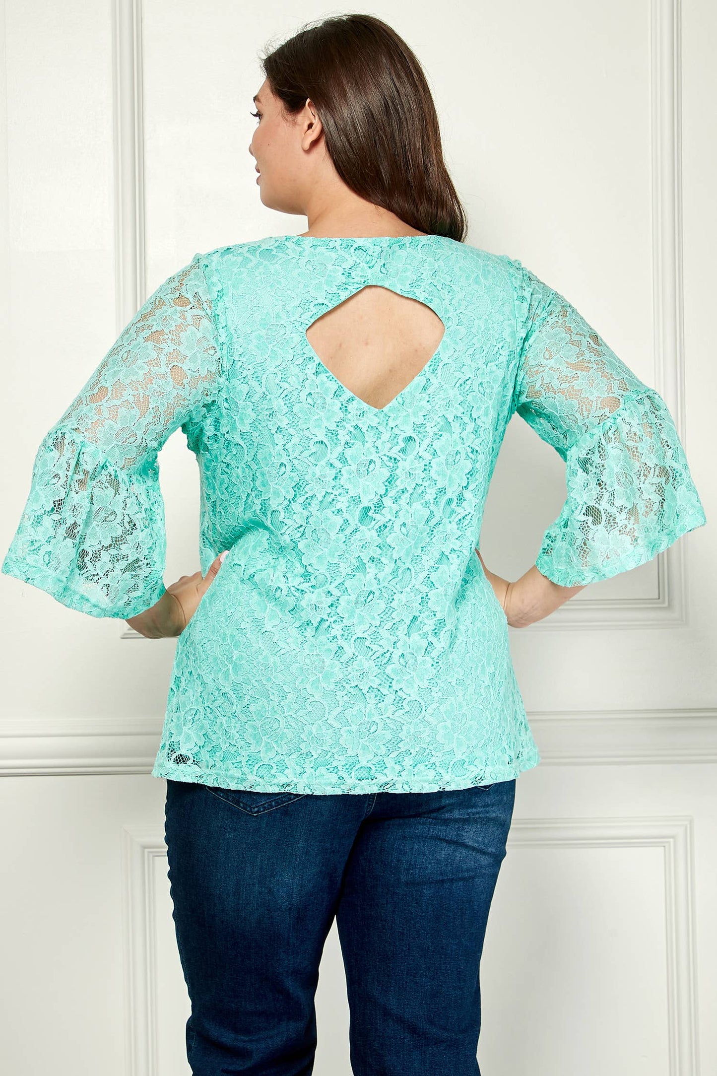 PLUS SIZE V- NECK ELBOW SLEEVE LACE TOP G9018250PX
