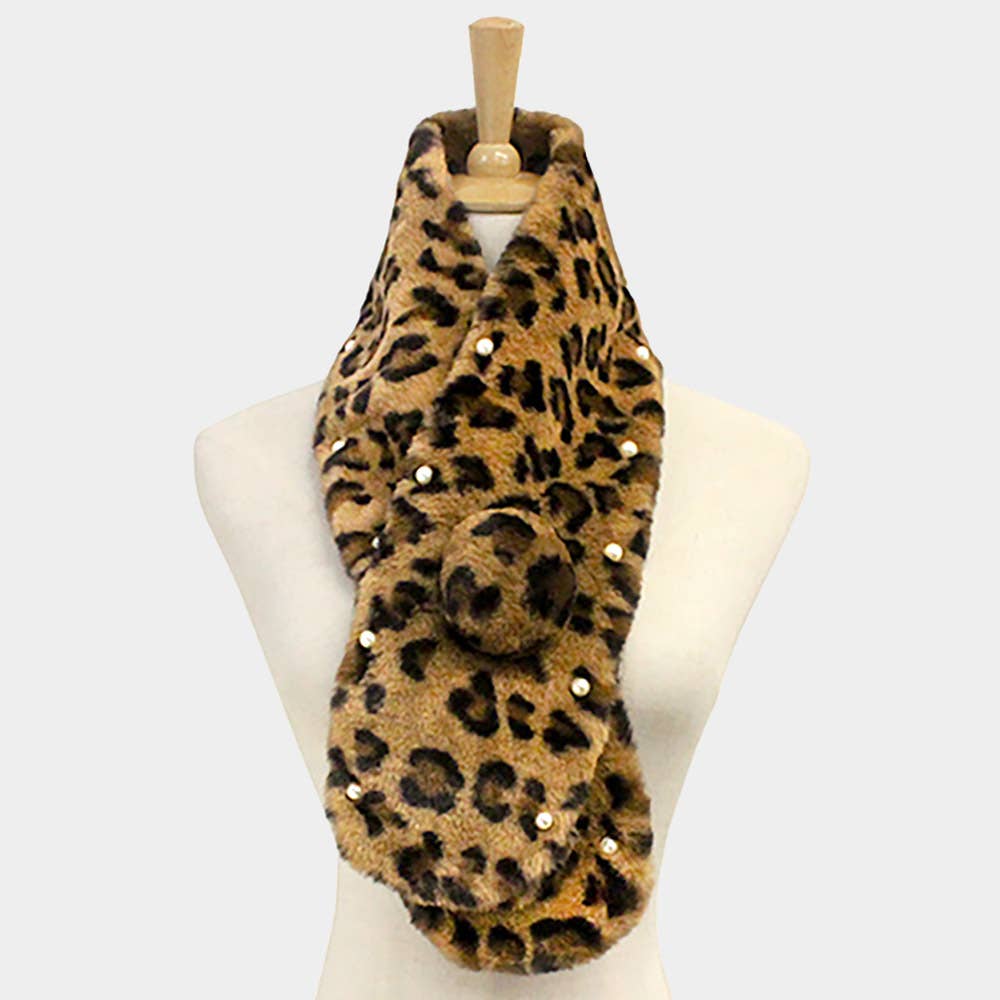 Pearl Embellished Faux Fur Pom Pom Pull Through Scarf