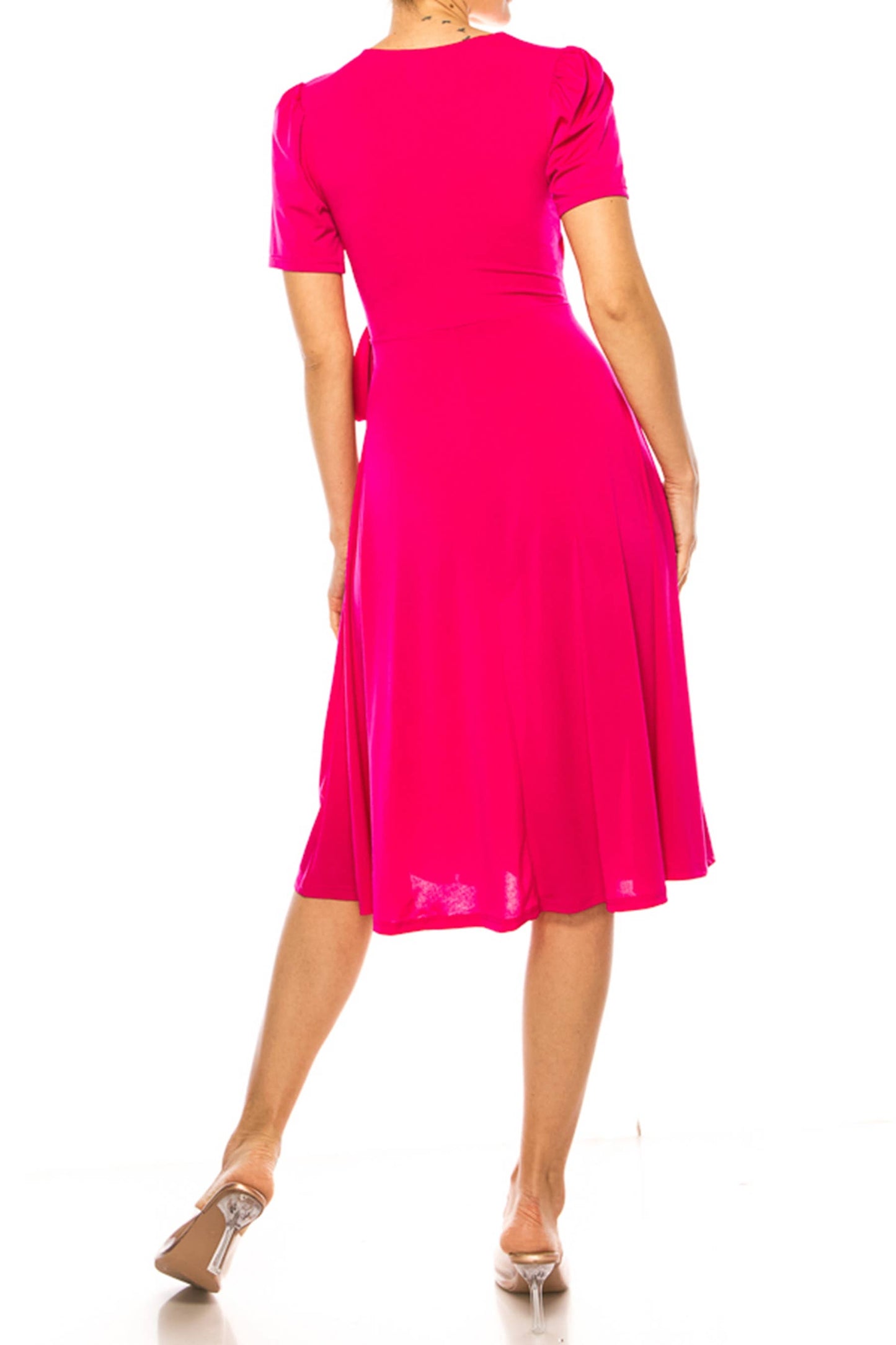 Stylish Solid Faux Wrap Dress with Deep V-Neck