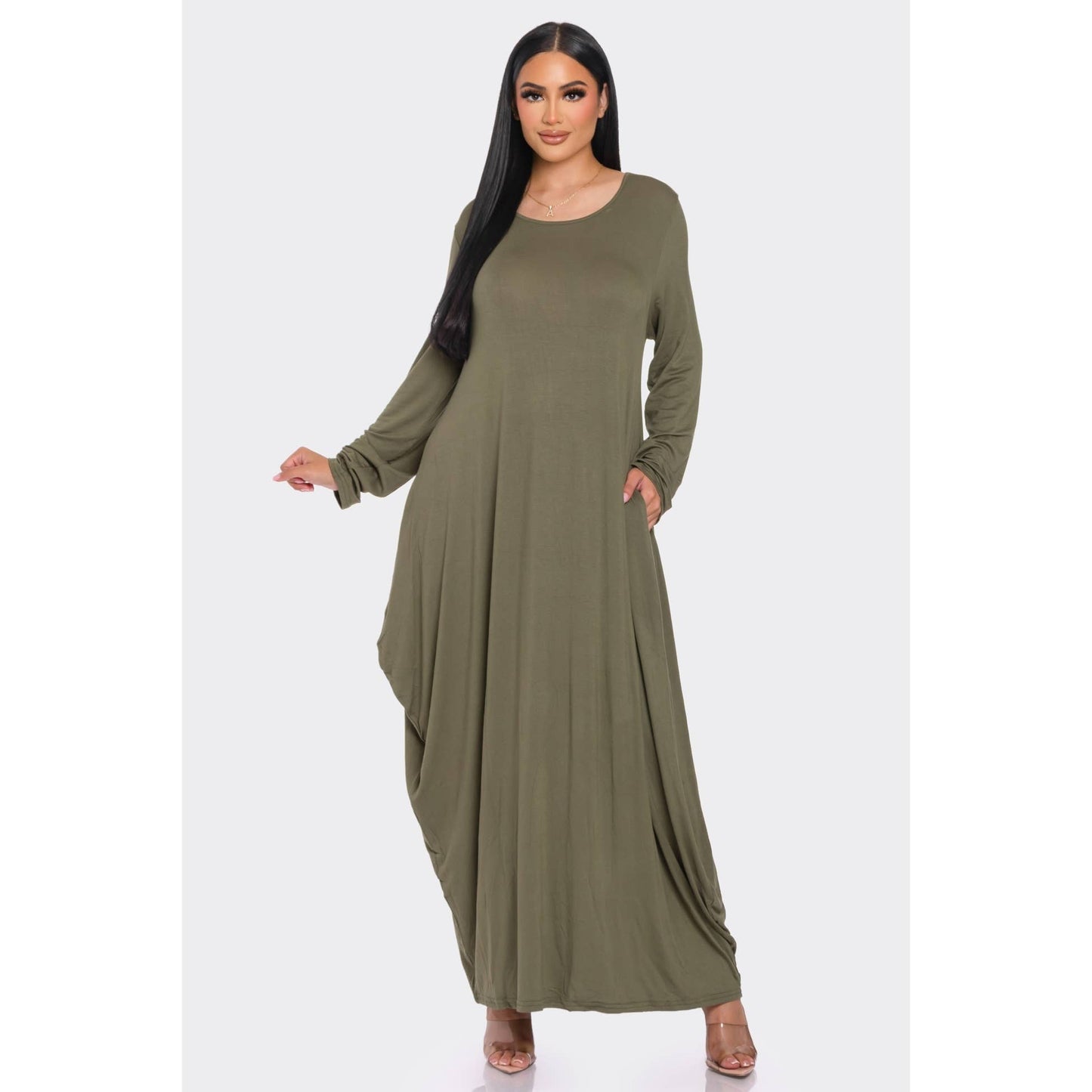Solid Maxi Long Sleeve Tunic Dress with Pockets