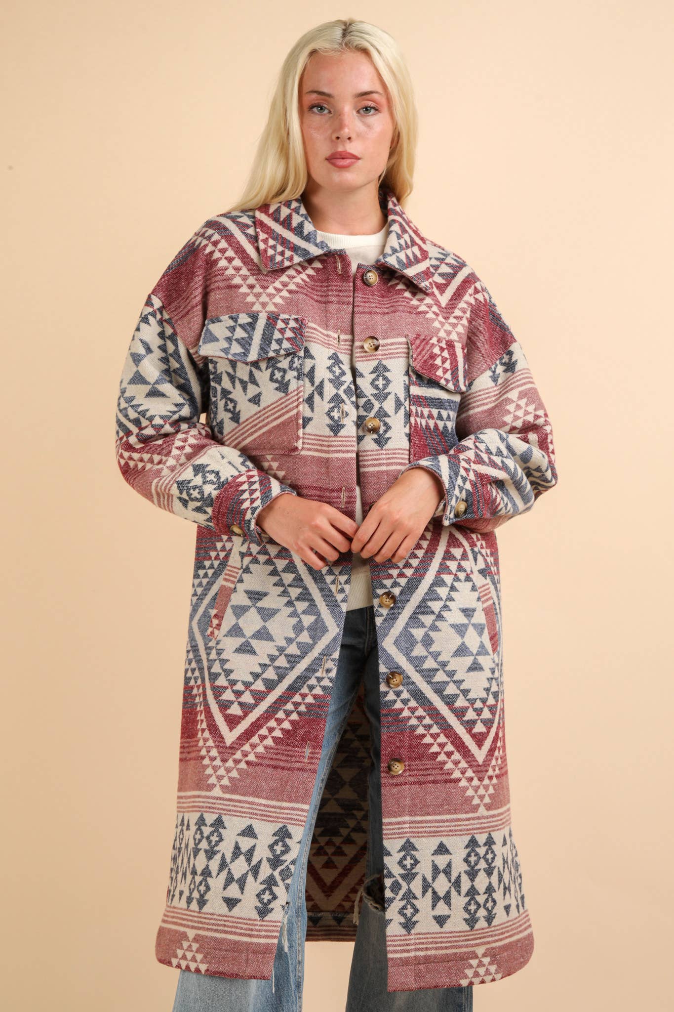 NJ90325-Aztec & Plaid Printed Shacket Jacket Coat