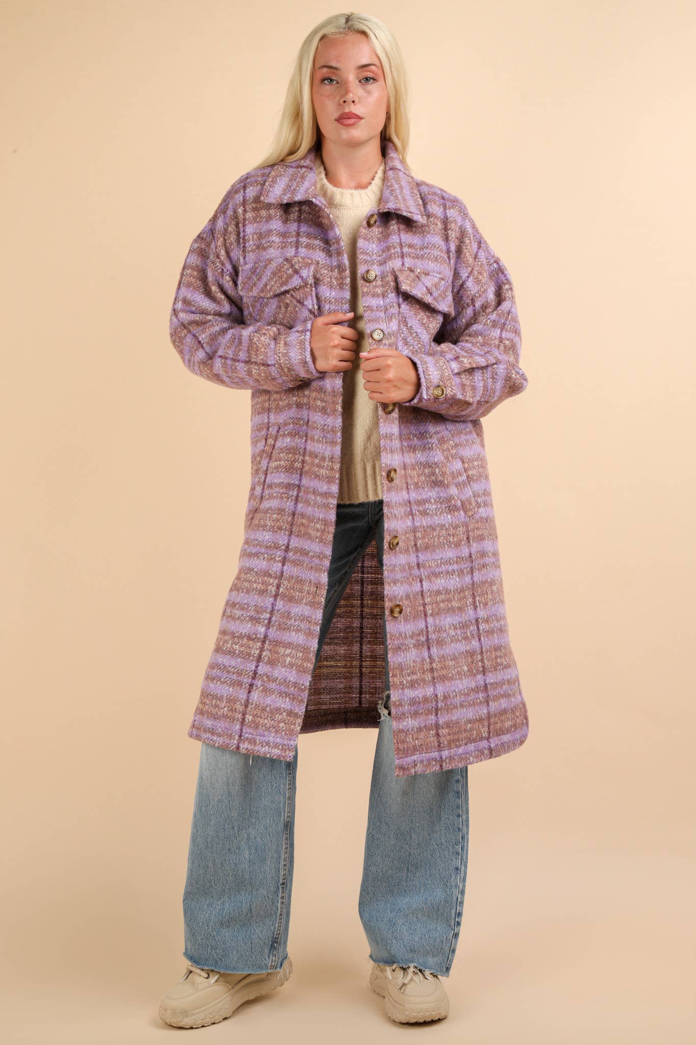 NJ90325-Aztec & Plaid Printed Shacket Jacket Coat