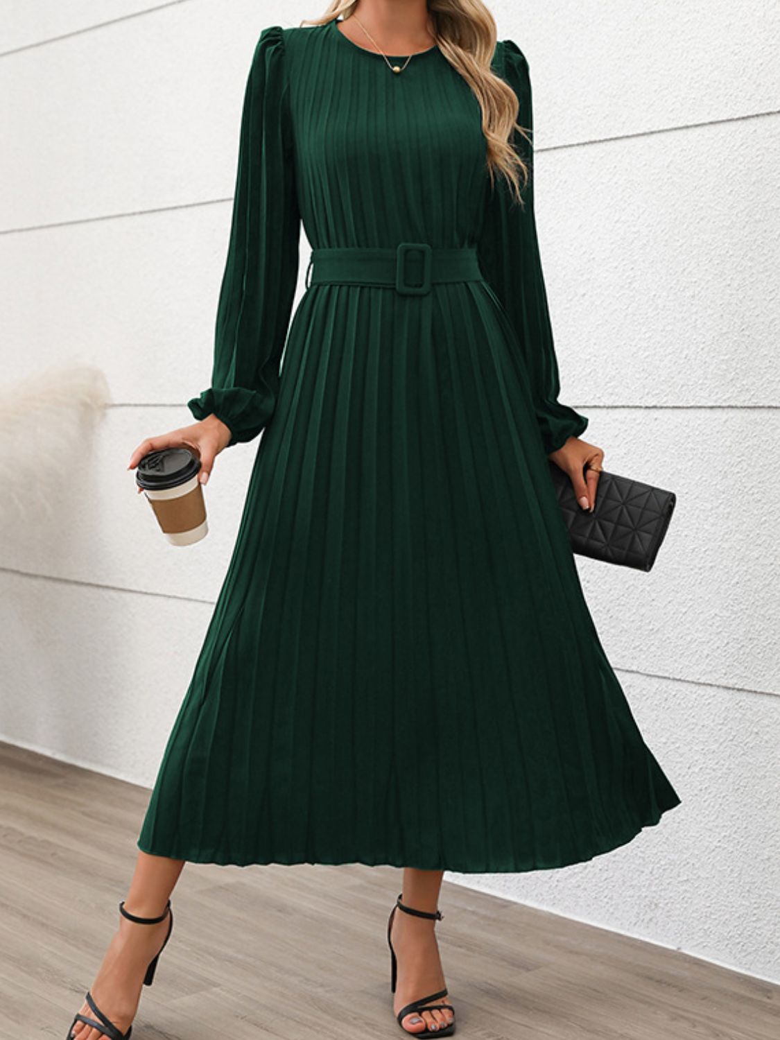 Perfee Pleated Round Neck Long Sleeve Midi Dress