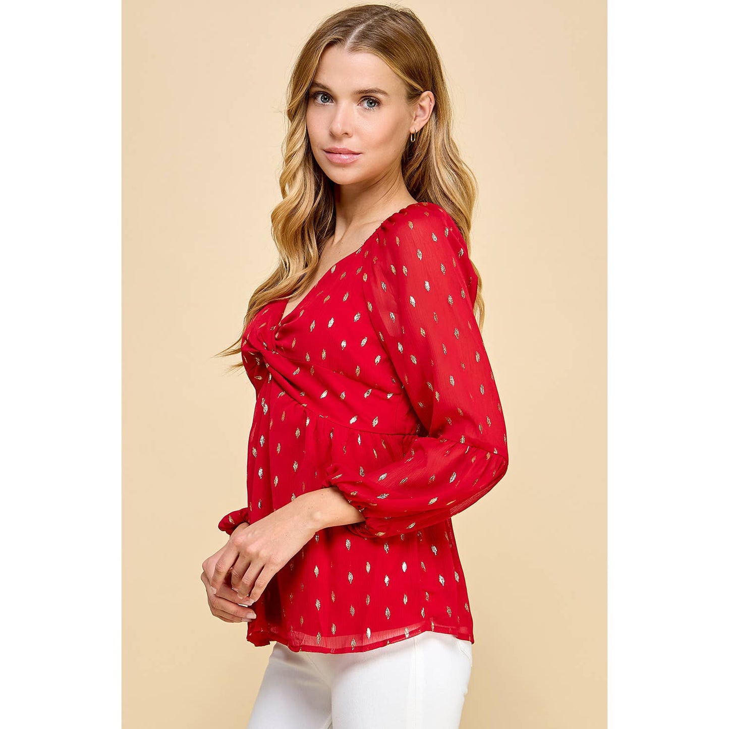 FOIL DOT CHIFFON LONG SLEEVE TWIST BODICE TOP T8262110F